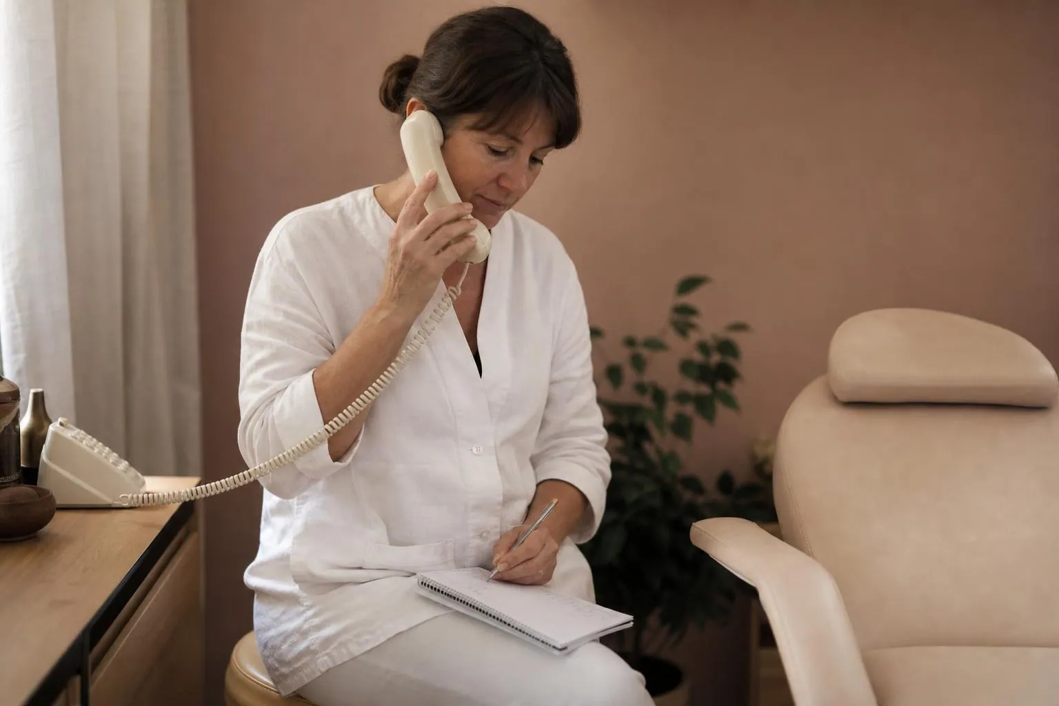 Praticienne assise sur un tabouret de cabine, combiné téléphonique à l’oreille, carnet ouvert posé sur les genoux
