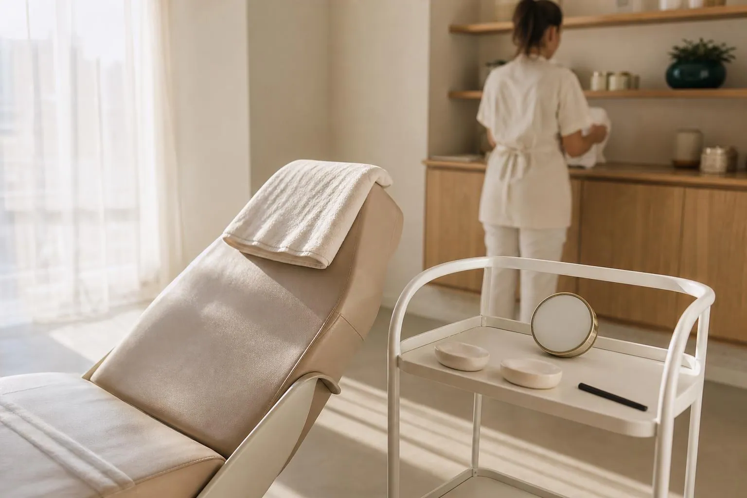 Cabine sourcils vide au petit matin, fauteuil incliné et desserte préparée, praticienne pliant une serviette au fond