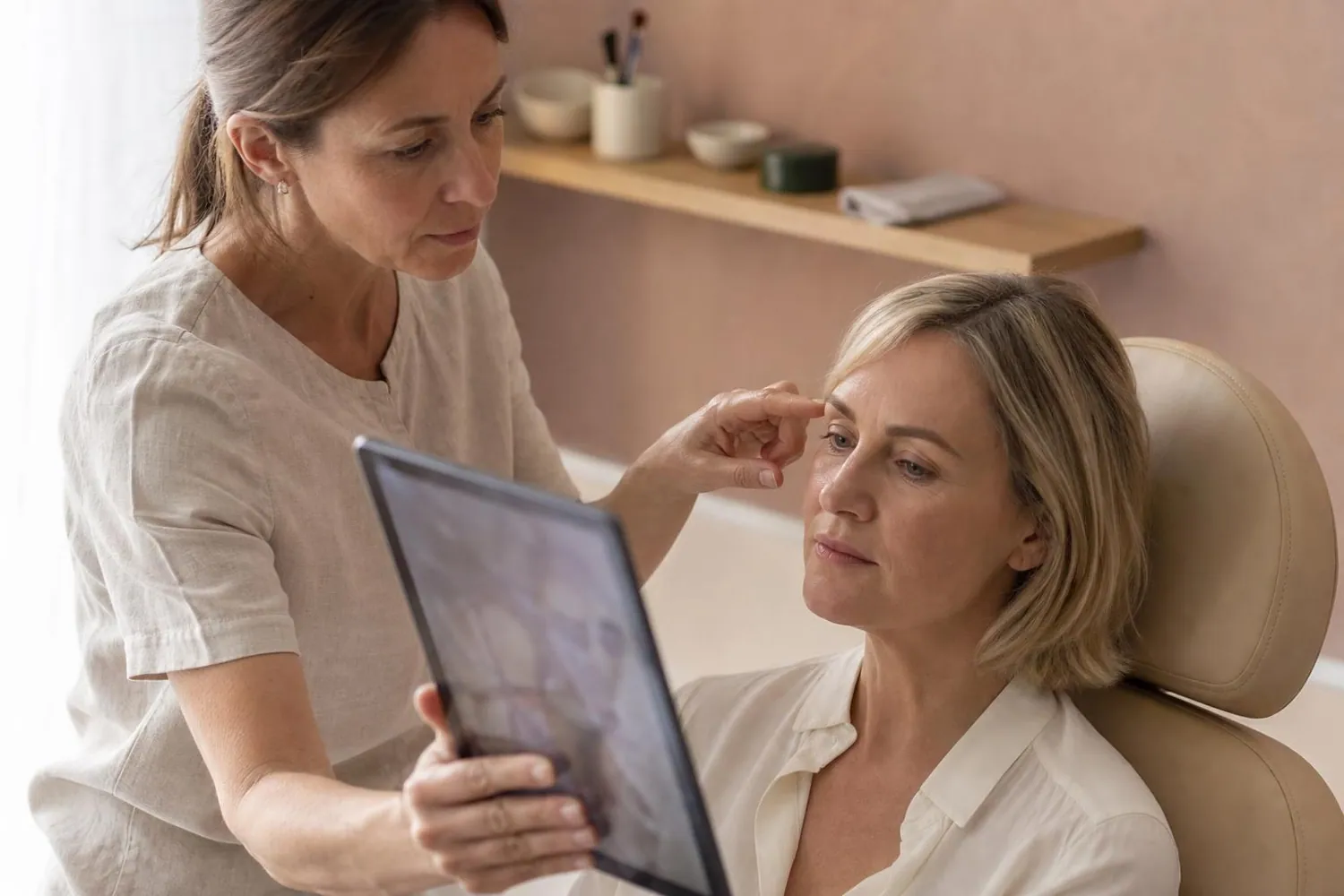 Praticienne sourcils montrant à une cliente assise le tracé de forme prévu, dans une cabine claire aux murs beige rose