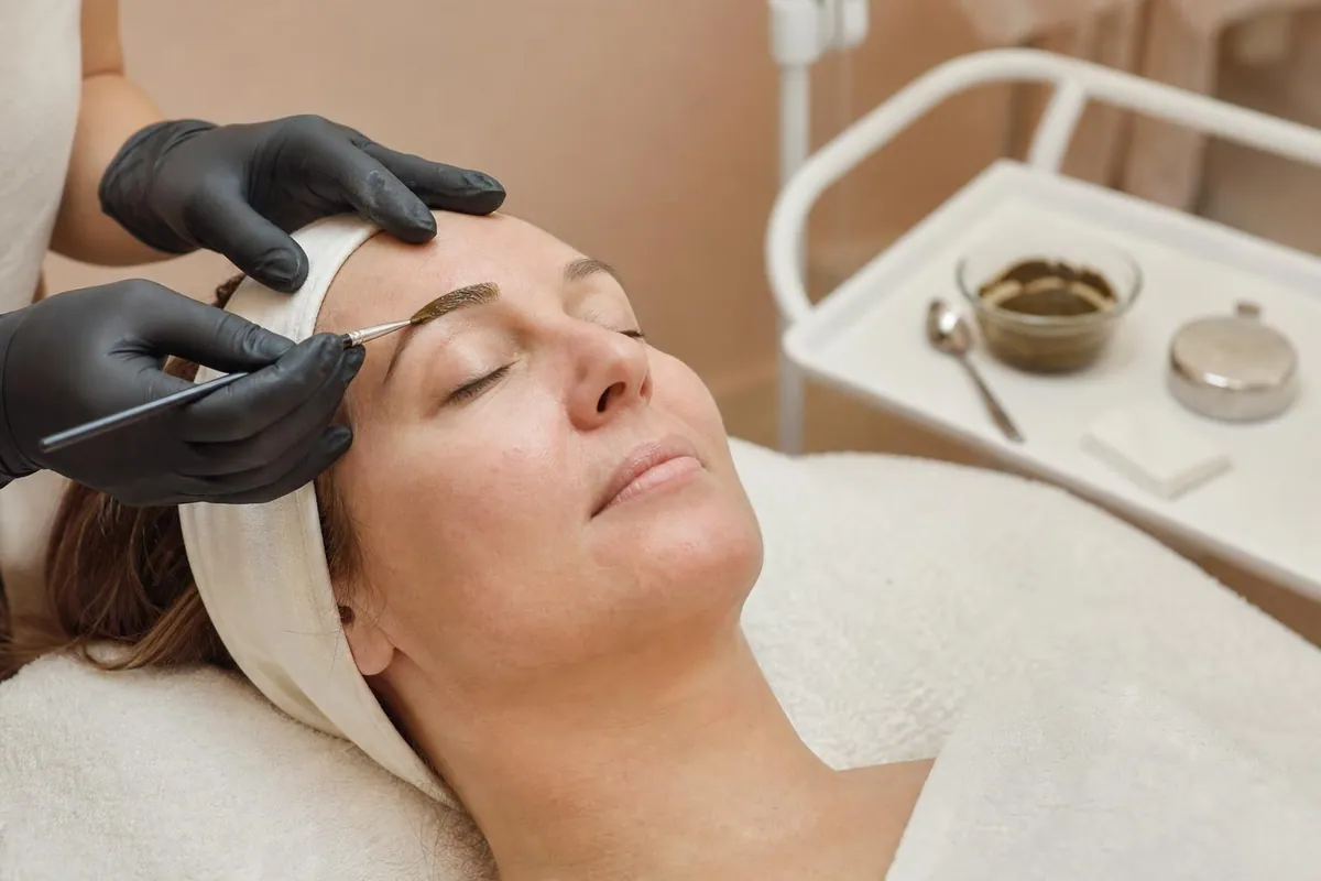 Mains gantées appliquant une pâte de henné sur le sourcil d’une cliente allongée, minuteur de cabine posé à côté